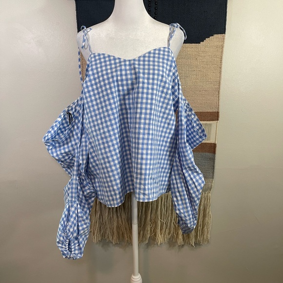 5 for 25 Belle Sky Off the Shoulder Blue Gingham Checkered Strappy 100% Cotto XL - Picture 1 of 6